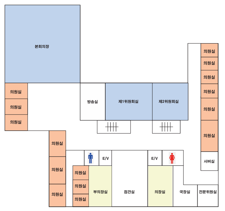 상단 왼쪽부터 시계 방향 순서입니다. 의회사무국, 안전도시과, CCTV 판독실, 의회사무국, 의장실 공동 응접실, 부의장실, 본회의장, 제1의원회실, 제2의원회실이 3층에 있습니다.